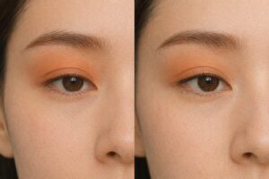 同じ二重の目に同じアイシャドウを使い、左は広げすぎた例、右は範囲を絞った例を比較した目元の写真