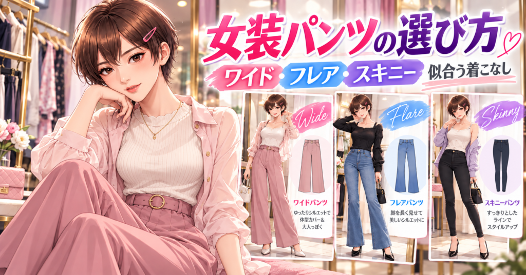 女装パンツの選び方をワイド・フレア・スキニーで比較するコーデ