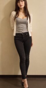 女装で履く黒のスキニーパンツ。太ももから足首まで脚に沿う細身のシルエット