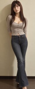 女装で履く黒デニムのフレアパンツ。膝下から裾に向かって広がるシルエット