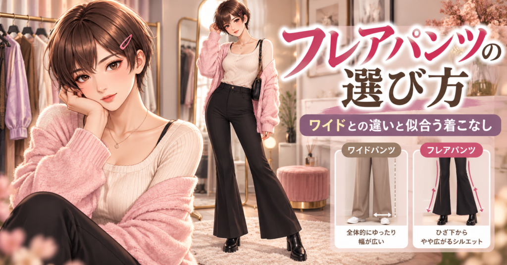 女装フレアパンツの選び方とワイドパンツとの違いを紹介するコーデ