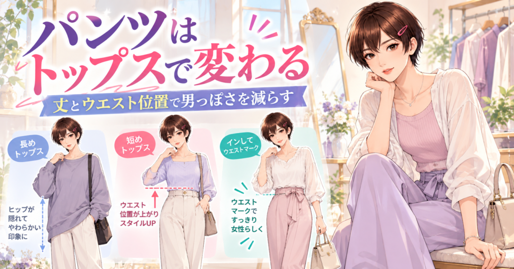 女装パンツに合うトップス丈とウエスト位置を比べたコーデ
