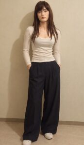 短めの白トップスと濃紺のワイドパンツを合わせた女装コーデ