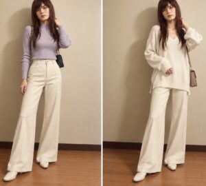 短めトップスと長めトップスでワイドパンツの見え方を比較した女装コーデ
