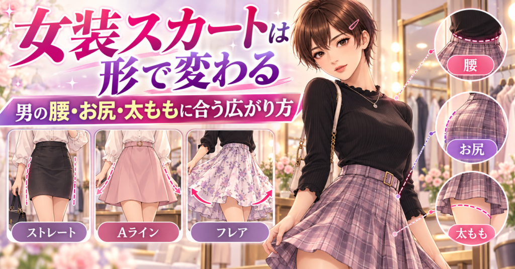 女装スカートの形と広がり方を男の体で比べたコーデ