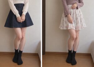 硬いデニムスカートと柔らかい花柄スカートの比較