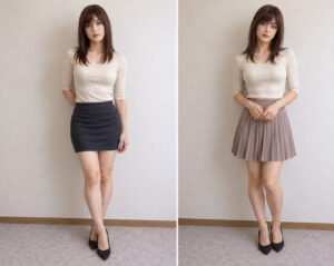 タイトスカートとプリーツスカートを履いた比較