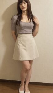 女装で履いたベージュの台形スカート