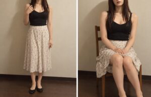 ミモレ丈スカートを立った時と座った時で比較した写真