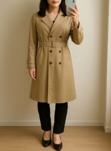 ベージュのトレンチコートを前で留めて着ている女性の全身写真。縦ラインが強く、体の輪郭がすっきり見えている。