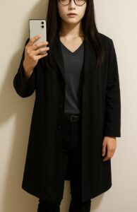 黒のロングコートと黒スキニーに、薄いグレーやベージュのインナーを合わせた人物の室内自撮り。淡い色が胸元に入り、黒の重さがやわらいで見えている例。