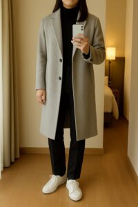 ライトグレーのロングコートを着て、黒のタートルと黒のパンツを合わせた女性の全身写真。全体が縦にまとまって見える。
