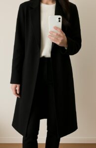 黒の薄手ロングコートを着た人物の室内自撮り。暗い色の影が肩と胸まわりの線を強調し、上半身がくっきり見えている例。