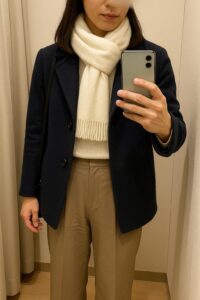 ネイビーのPコートと白いマフラーを着けた女性が自撮りしている胸から下の写真。上半身がコンパクトに見える組み合わせ。