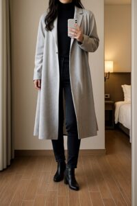 薄手のライトグレーのライトコートを着た人物の室内自撮り。布が下に落ちて肩幅が自然に見える例。