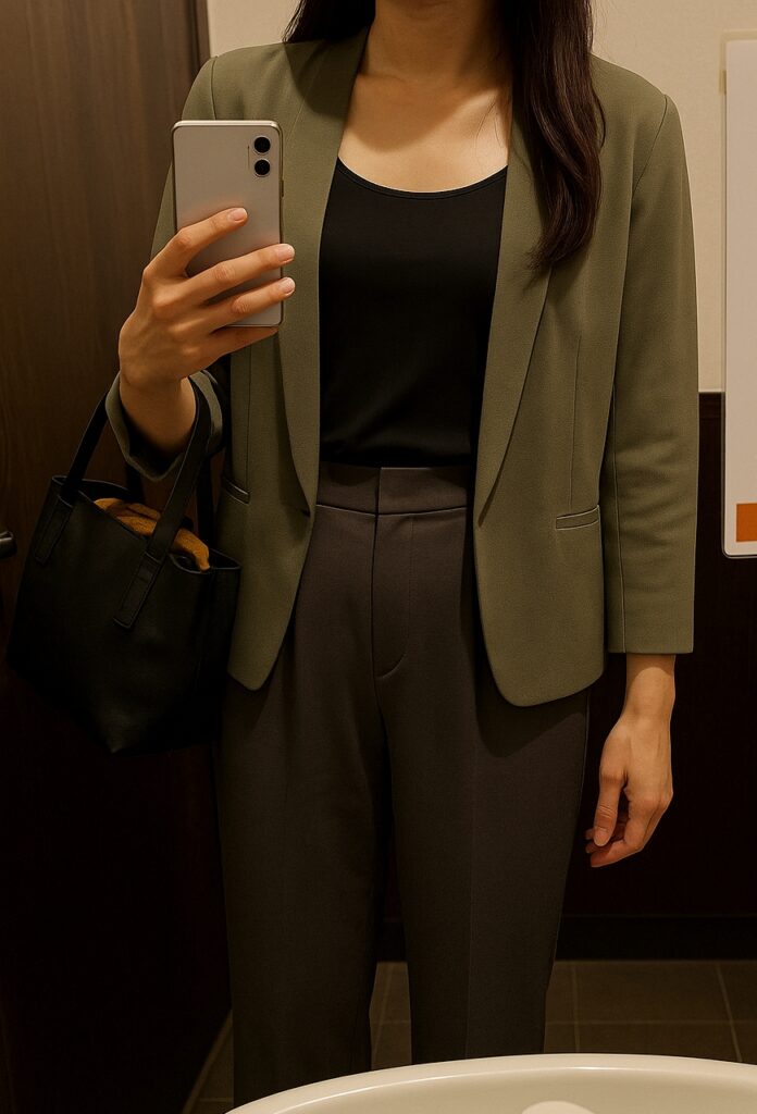 黒のインナーにカーキ色のジャケットを重ねた人物。暗い色に少し明るさを加えて重さを抑えた着こなしの例。