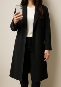 黒のロングコートを前を開けて着た人物の室内自撮り。布が縦に落ちて肩幅が小さく見え、白いインナーの縦ラインで全身が細く見えている例。