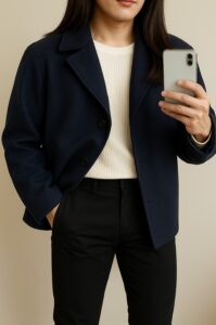 ショート丈のPコートを着た人物の室内自撮り。脚の始まりが下に見えて脚が短く感じられる例。