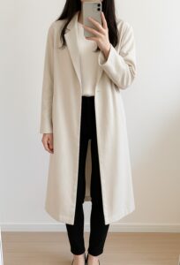 アイボリーの薄手ロングコートを着た人物の室内自撮り。明るい色が光を反射し、肩と胸の影が弱まって華奢に見えている例。