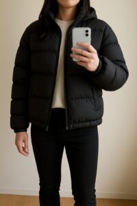 黒の中綿アウターを着た人物の室内自撮り。中綿の厚みが肩と胸まわりを横に押し広げ、丸く大きいシルエットに見えている例。