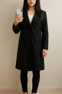 黒のロングコートを前のボタンを1〜2つだけ留めて着た人物の室内自撮り。上半身の幅が出すぎず、下の部分が開いて縦ラインが残り、女子寄りに見えている例。