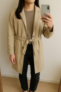薄手のベージュトレンチコートを着た人物の室内自撮り。肩から布が落ちてラインがやわらかく見える例。