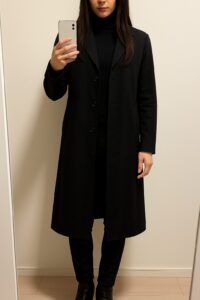 黒のロングコートに黒インナーと黒スキニーを合わせた人物の室内自撮り。影が濃く、上半身が固く大きく見えている例。