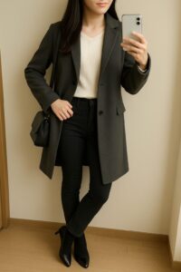 チャコールグレーのチェスターコートを前開きで着ている女性の自撮り。白ニットと黒デニムで大人っぽい印象。