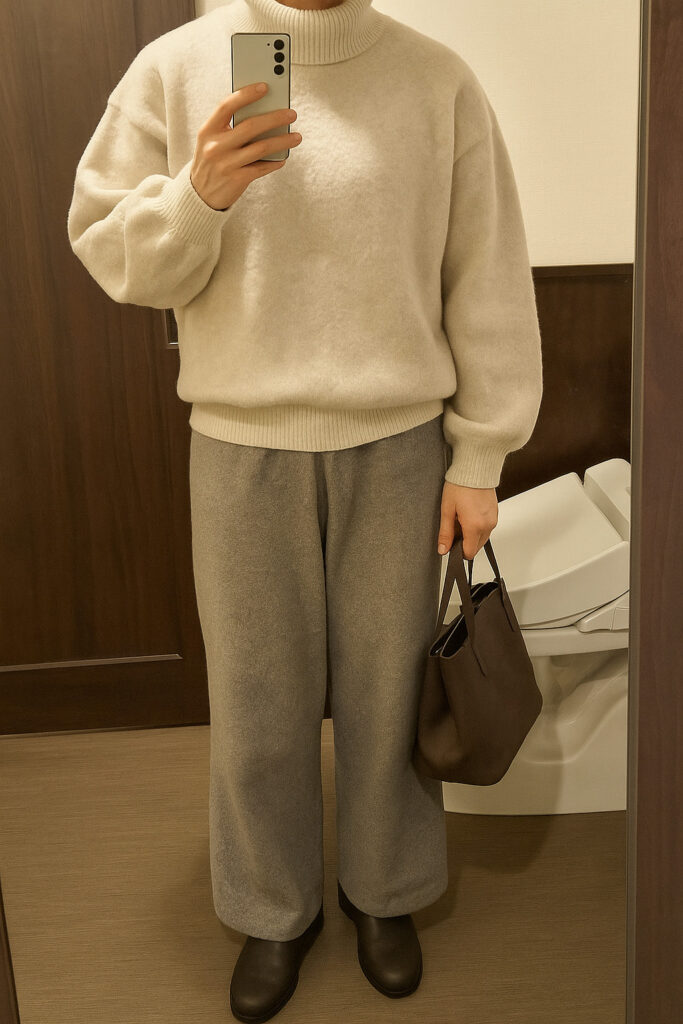 厚手の白ニットとグレーの起毛パンツを履いた人物。冬素材の組み合わせで体の厚みが強調されて見える例。