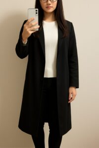 黒のロングコートに黒スキニーを合わせ、白ニットをインナーにした人物の室内自撮り。白が胸から下まで明るい縦のラインとなり、全体が軽く見えている例。