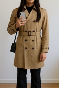ベージュのトレンチコートを前をしっかり閉めて着た人物の室内自撮り。ボタンを全部留めているため、肩幅と胸のラインが強調されている例。