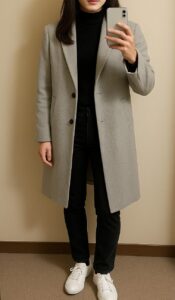 ライトグレーのロングコートを着た人物の室内自撮り。縦のラインが続き、脚が長く見える例。
