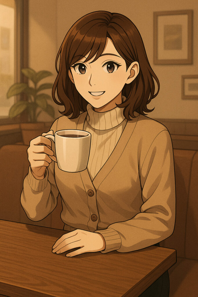 冬のコーディネートをしてカフェでくつろぐ女装男子