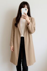 ベージュの薄手ロングコートを着た人物の室内自撮り。明るい色で影が弱まり、肩幅や胸まわりがやわらかく見えている例。