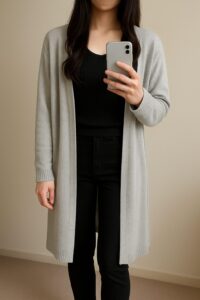 ライトグレーの薄手ロングカーディガンを着た人物の室内自撮り。肩に布がかかり肩幅がやわらかく見える例。