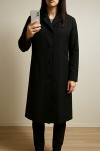 黒の薄手ロングコートを前をすべて閉めて着た人物の室内自撮り。閉めたことで肩幅と胸まわりの幅がそのままコートの形になり、上半身がしっかり大きく見えている例。