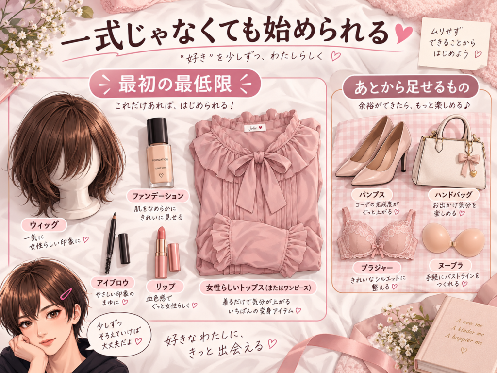 女装グッズを一式そろえる場合と最低限から少しずつ買い足す場合を比較したイラスト