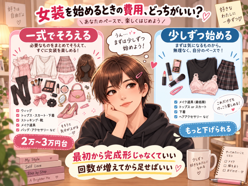 女装を始める最低限のメイク用品と服、あとから足せる靴やバッグや下着を比較したイラスト