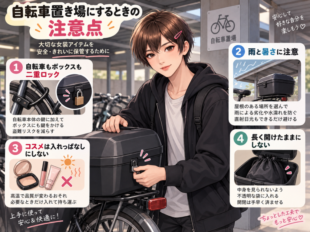 女装グッズを自転車ボックスに保管するときの盗難・雨・暑さ対策と鍵のかけ方