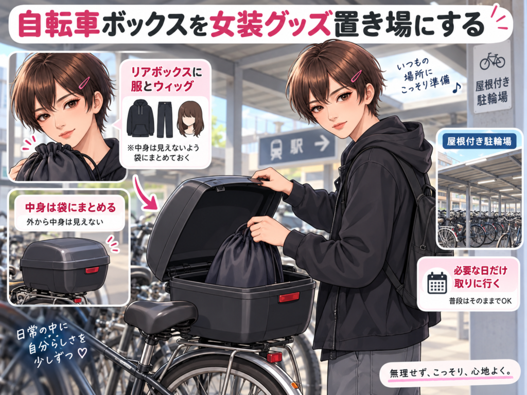 自転車のリアボックスを女装グッズ置き場として使い、服やウィッグを袋にまとめて保管する方法