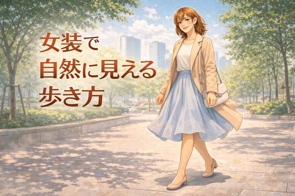 女装で歩く時に自然に女子っぽく歩いている女装男子のイラスト