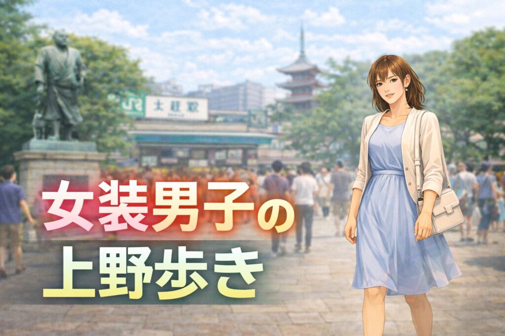 女装で上野を歩く街歩きイメージ。人の多い上野の雑踏の中を、自然体で歩く女装男子の後ろ姿。観光と日常が混ざる上野らしい雰囲気。