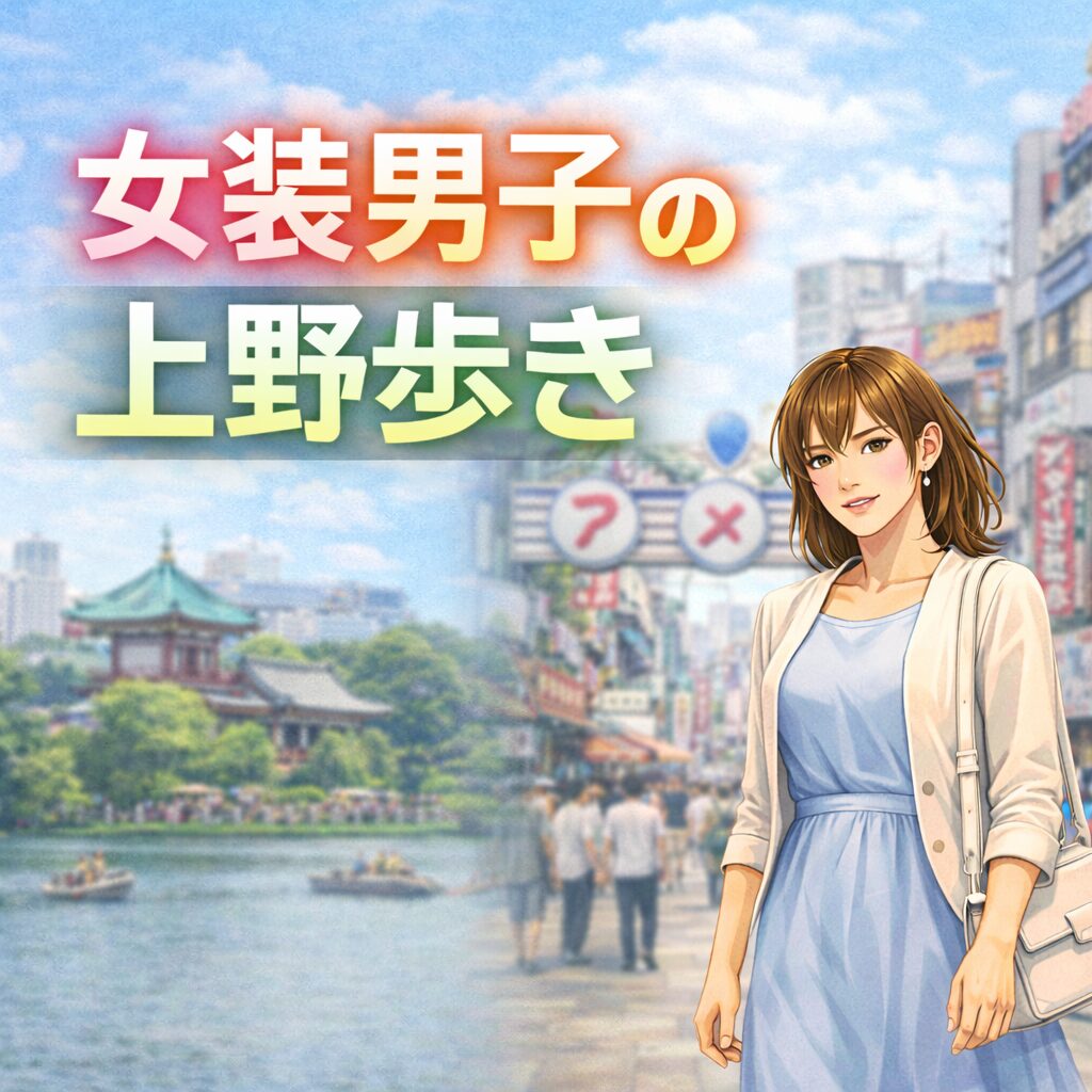 女装で歩く上野。アメ横や上野駅周辺の人通りの多い街並みを背景に、気にされずに街を歩く女装男子のイメージ。