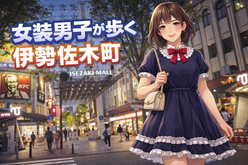 伊勢佐木町を歩く女装男子のイラスト