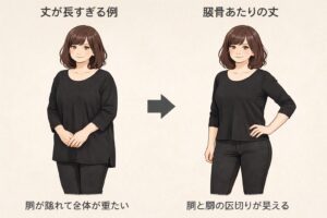 太め女装男子は、トップスの丈が長すぎないほうがいいというイメージ