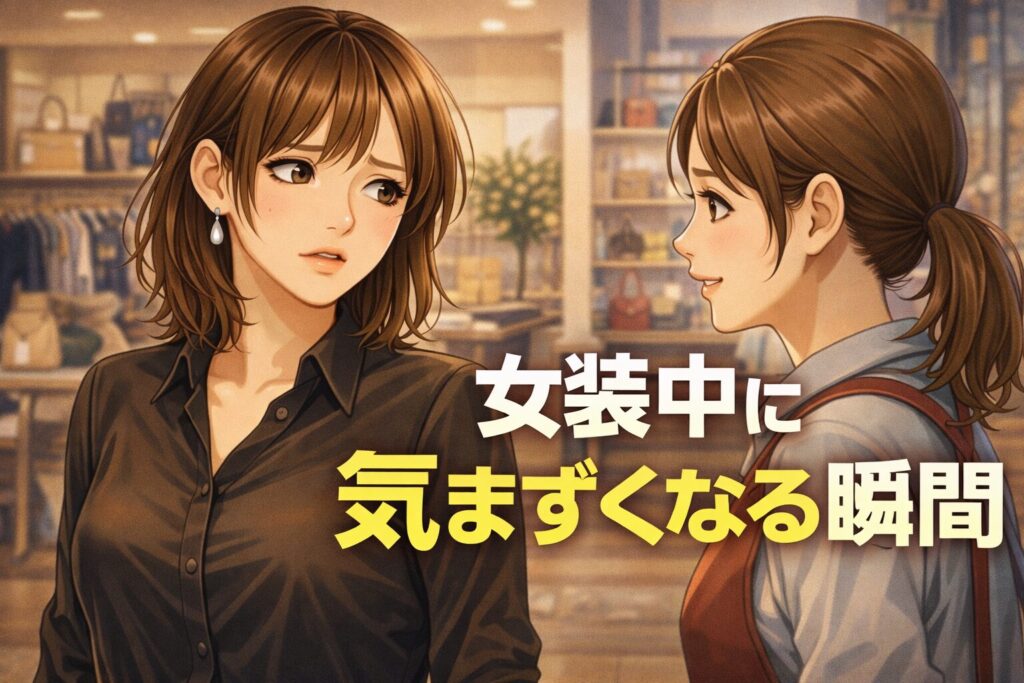 女装で外出中、声を出すタイミングに迷う場面を表したイラスト
