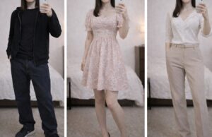 同じ人物がワンピース姿とパンツスタイルで写る比較写真｜服だけで印象が大きく変わる例