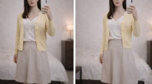 春服を着た女装の比較。左は体の位置が合わず男体が目立つ状態、右はウエスト位置と重心を調整して違和感を抑えた状態