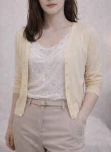 春トップスの女装例。柔らかい素材と落ち感のある服で体の線を強調せず、面で包むことで男っぽさが出にくい状態
