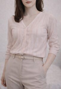 春トップスの女装例。縦のラインを使って視線を流し、薄着でも体の横幅が目立ちにくい状態